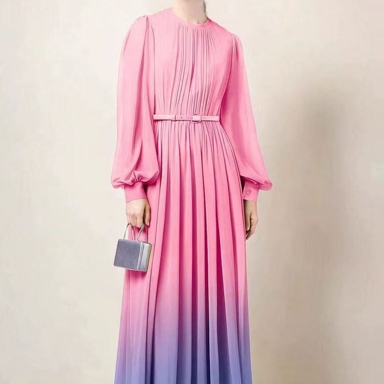 Elegant French Style Gradient Color Dress Spring Collection Waist Defining Flattering Fit Flowing Pleats Maxi