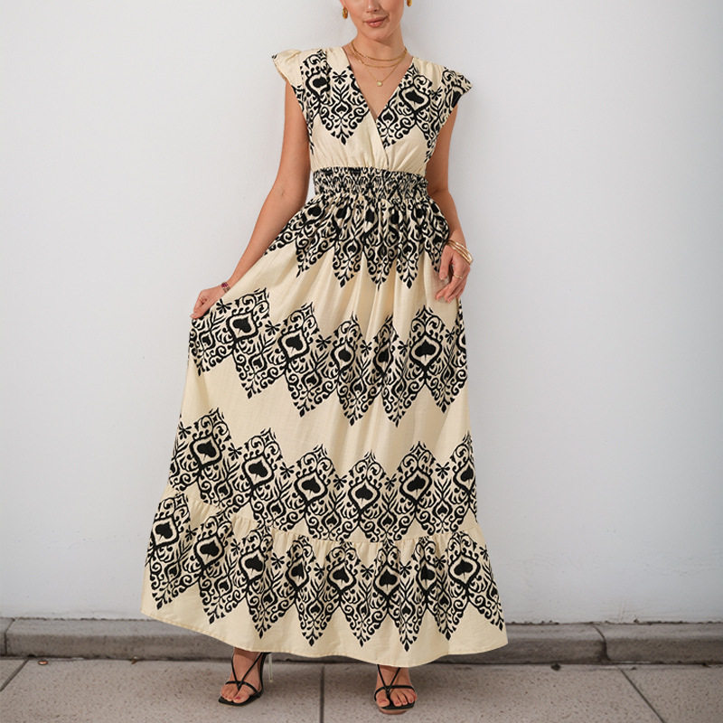 Floral Print Maxi Dress Black and White Ruffled Sleeves Ethnic Vacation Style Wholesale Available