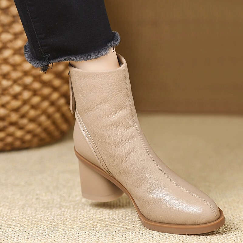 Boot nữ cổ thấp lông xù giữ ấm khóa kéo sau gót dày mũi tròn — Màu đen, Màu mơ