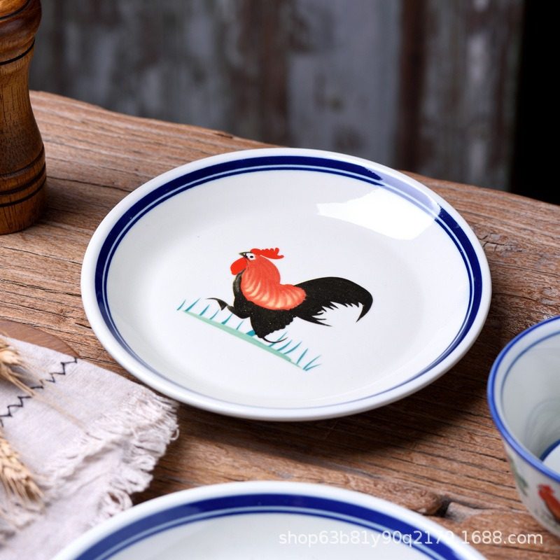 Retro Nostalgic Commercial Rooster Dish Plate Ceramic Rice Plate Soup Plate Deep Plate Restaurant Chinese Tableware Large Round Plate