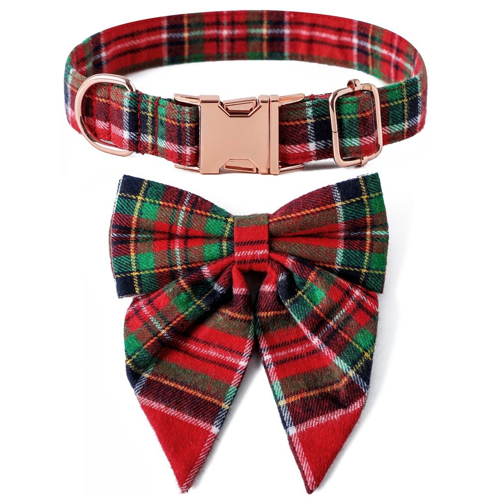 Manufacturer Wholesale Cross-Border Hot Selling Pet Collar British Style Christmas Plaid Rose Gold Buckle Collar Bow