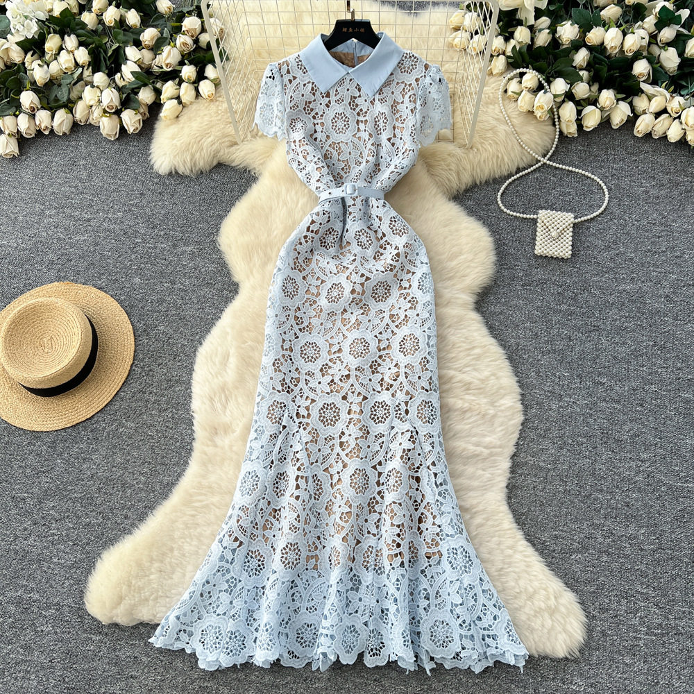 Elegant French Style Midi Dress for Women High End Hollow Lace Slim Fit Flared Hem Autumn Fashion Wholesale