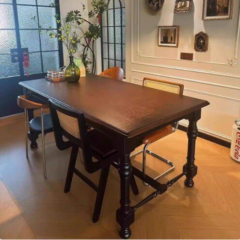 法式实木餐桌家用小户型中古风饭桌黑色桌子侘寂风美式乡村别墅桌