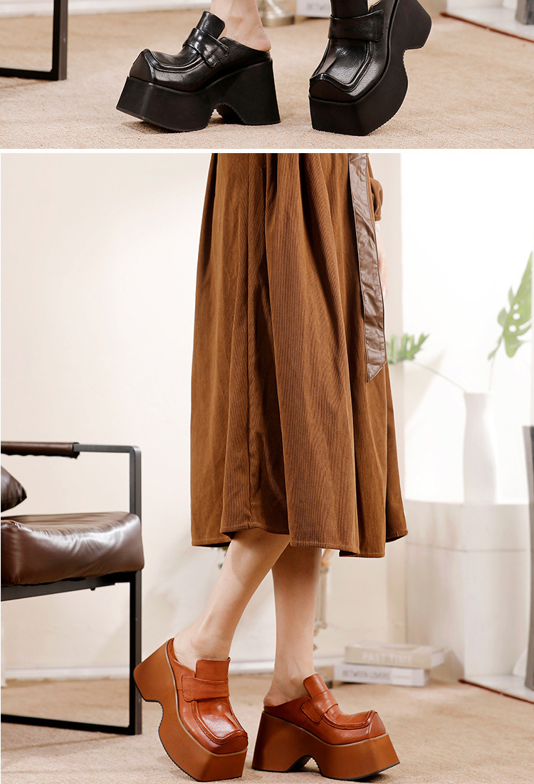 Giày sục nữ da bò thật đế dày gót cao phong cách cổ điển — màu đen, Màu nâu