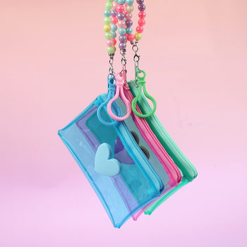 Love Transparent Color Square Coin Purse Bead Chain Hanging Accessories Candy Color Zipper Mini Storage Bag Claw Machine Gift for Women