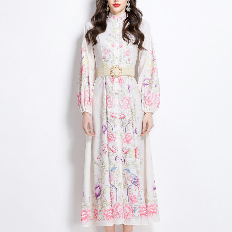 Womens Vacation Dress Elegant Floral Print Lantern Sleeves Waist Defined Button Up Maxi Length Perfect for