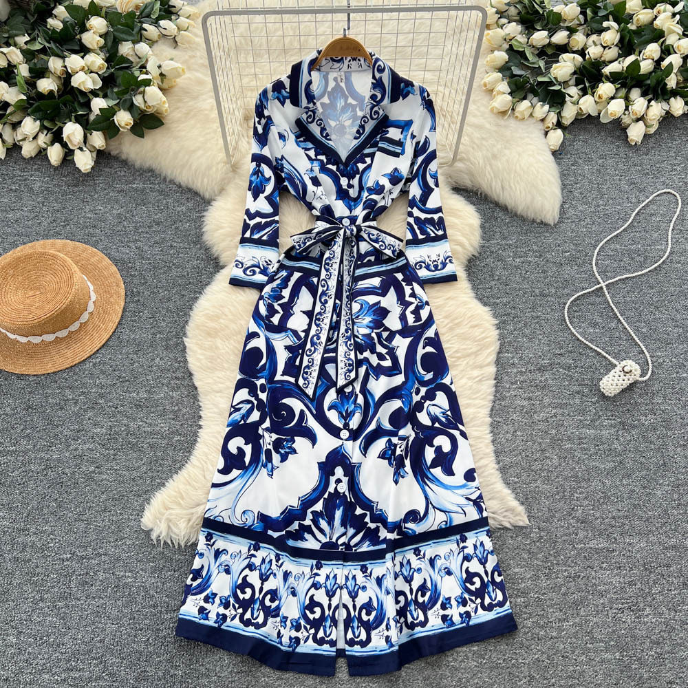 Vintage Inspired Floral Print Dress Long Sleeve Waist Tie Elegant Style Perfect for Formal Occasions Wholesale