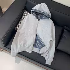 American Retro Reversible Plaid Lining Zipper Hooded Sweatshirt Cardigan Men's Autumn and Winter Casual Versatile Short Wide Jacket