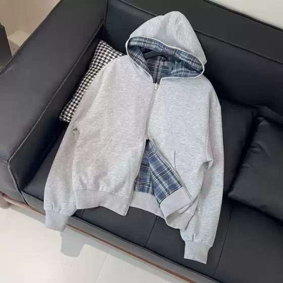 American Retro Reversible Plaid Lining Zipper Hooded Sweatshirt Cardigan Men's Autumn and Winter Casual Versatile Short Wide Jacket