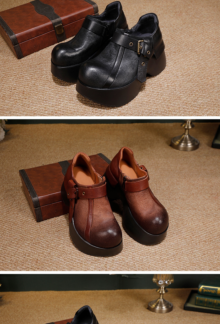 Boot nữ cổ thấp da bò thật đế dày khóa kéo hông phong cách cổ điển — Màu cà phê, màu đen