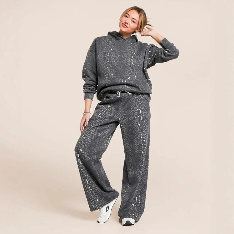 Womens Fashion Hooded Sweatshirt and Wide Leg Pants Set Leopard Print Casual Style Winter Wholesale Available