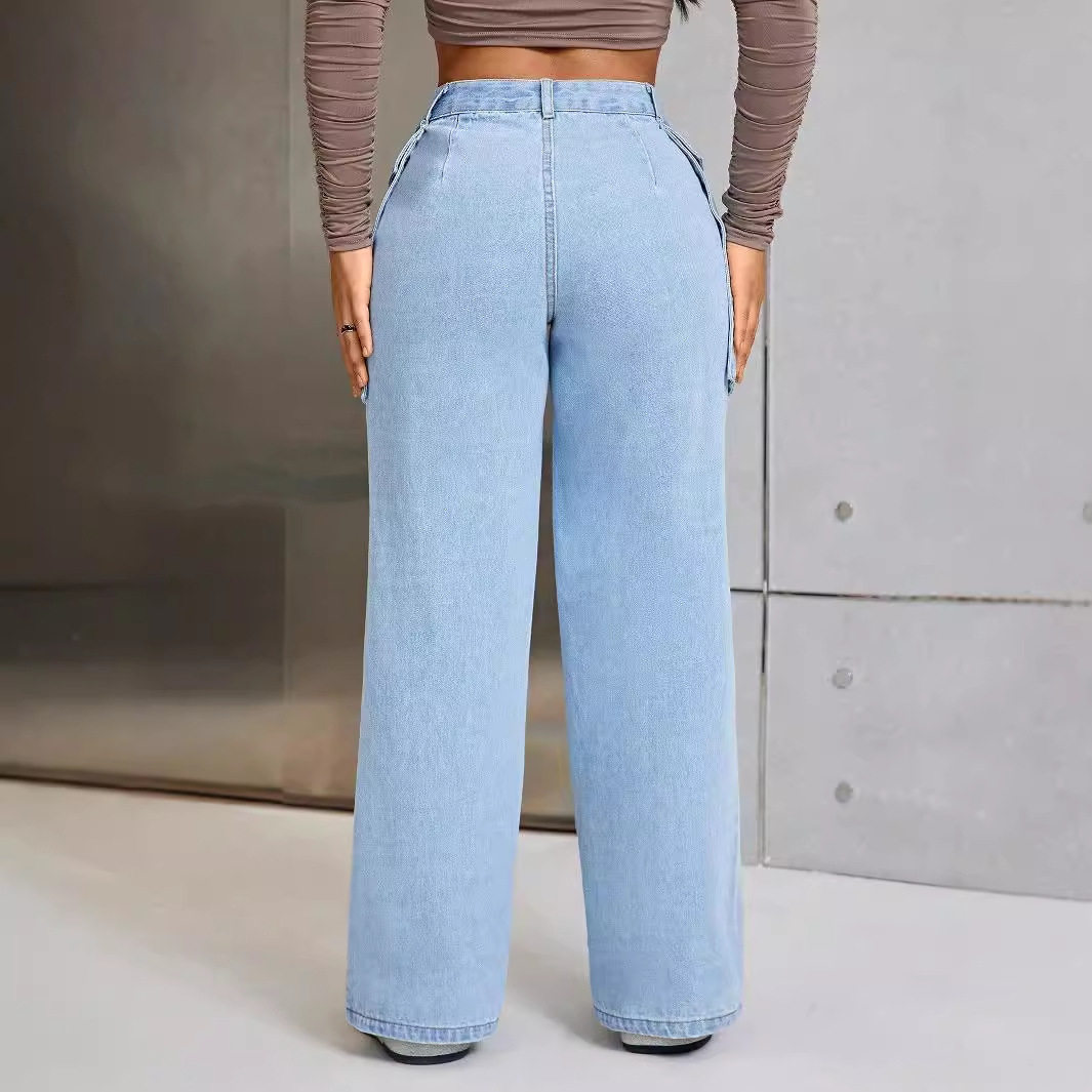 Wide Leg Denim Trousers Casual Style Large Pockets Comfortable Fit Womens Fashion for Everyday Wear Ready to Ship