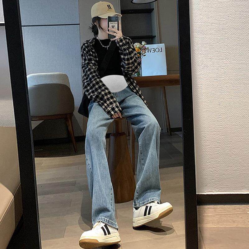 9513 Maternity Wide Leg Jeans Loose Autumn Outerwear Slim Drape Straight-Leg Floor-Mopping Pants High Waist Belly Support Trousers