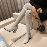 Qiumeer thin leg artifact~ сапоги выше колена на толстом каблуке с острым носком, женские замшевые сапоги-стрейч большого размера на тонких ножках