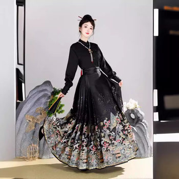 New Chinese Style Horse Face Dress Hanfu 2024 New Women's Clothing Adult Print Elegant Slimming National Style Commuter Daily Matching