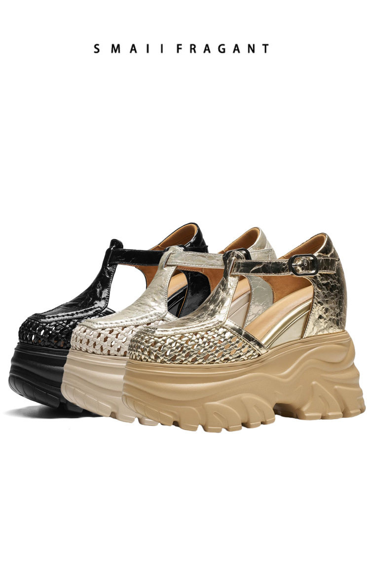 Sandal cao gót nữ đế xuồng 14cm dệt lưới mũi tròn hở mũi — [Trắng kem], [Đen], [Vàng nhạt] chi tiết 8
