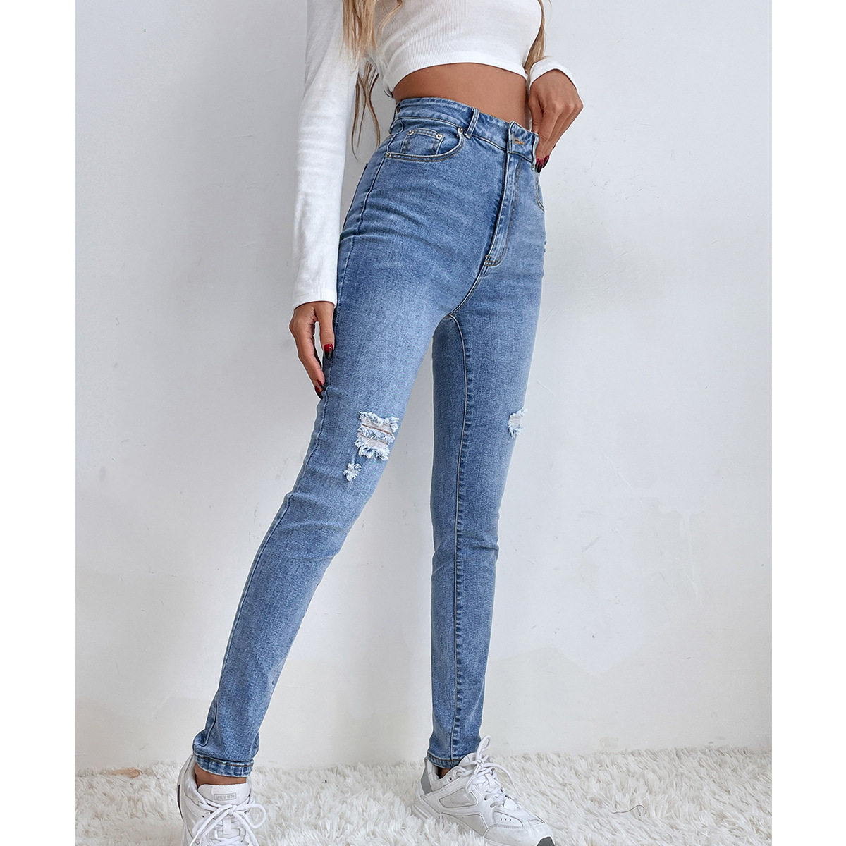 Womens Slim Fit Stretch Denim Pants Mid Rise Tapered Leg Fashionable Design Casual Wear Ready to Ship