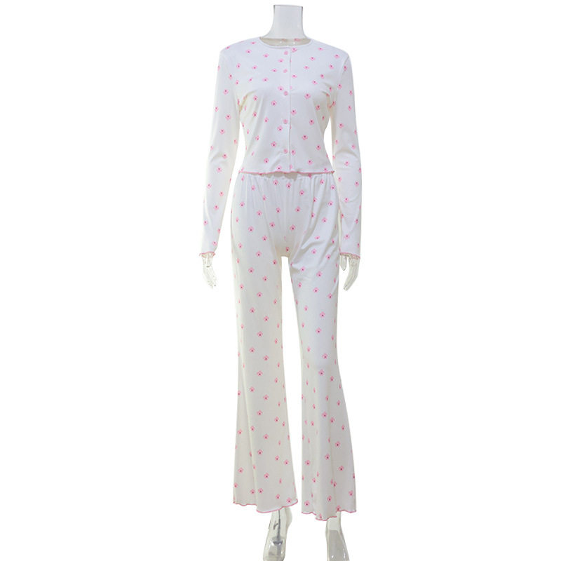 Floral Print Long Sleeve Loungewear Set Ruffled Edges Comfortable Fit Casual Style Perfect for Spring and Autumn