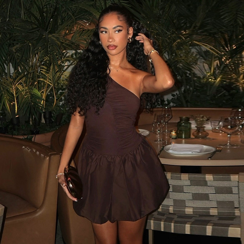 Off Shoulder Pleated Mini Dress Elegant Ruffle Hem Slim Fit Solid Color Fashionable for Parties and Events