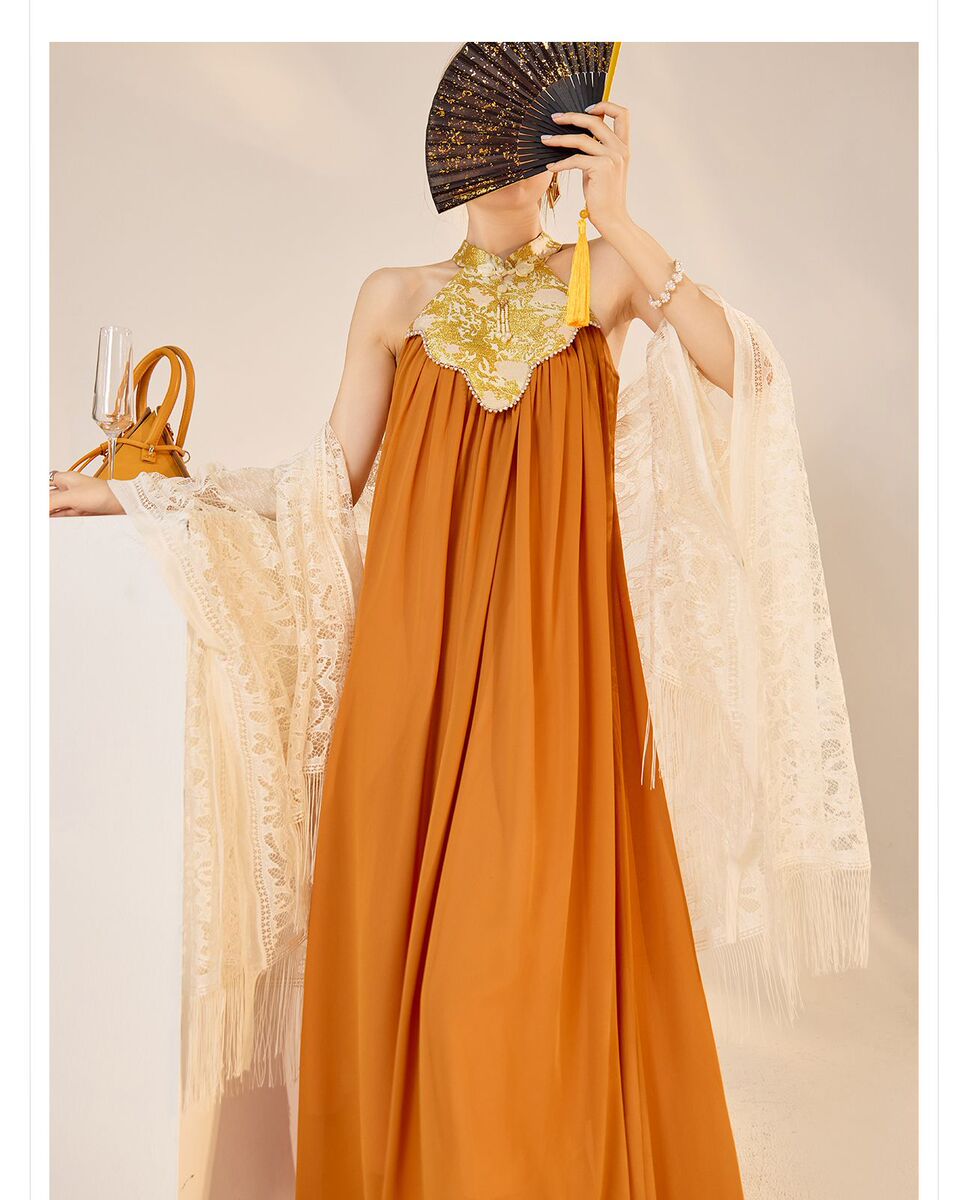 Đầm dài cổ đứng thêu họa tiết thanh lịch cho nữ — Màu mơ mây (cấp ngay trong ngày), Màu mơ mây (giao hàng trong 7 ngày), Terracotta Orange (Giao hàng trong 7 ngày)