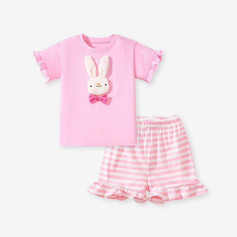 Cute Kids' Set, Summer Short-sleeve Girls' Outfit, Cartoon Striped Children's Clothing Wholesale