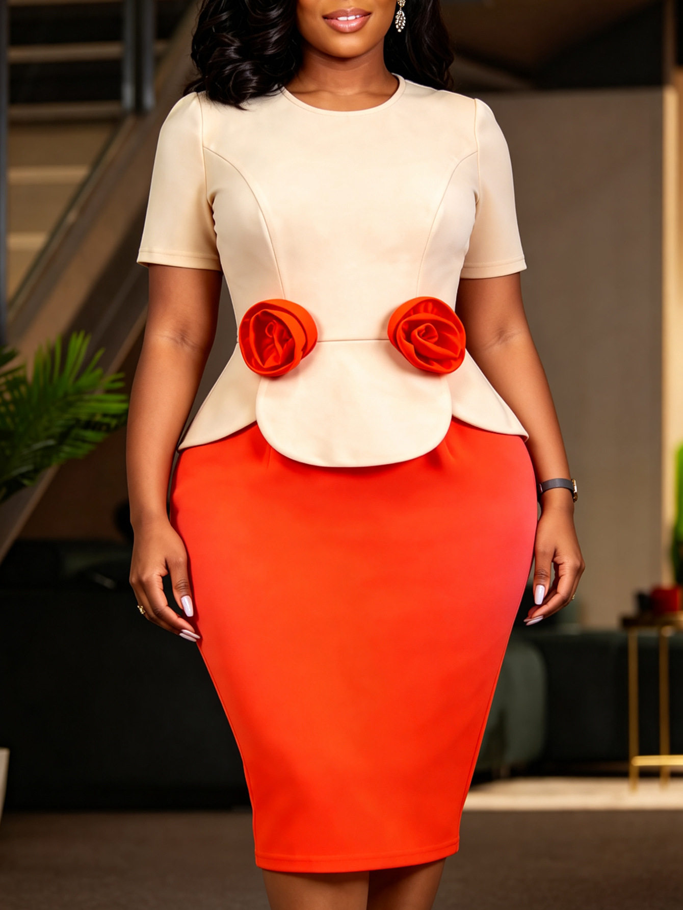 contrasting fake two-piece hip-hugging dress Round neck short-sleeved three-dimensional flower waist ruffle commuting dress