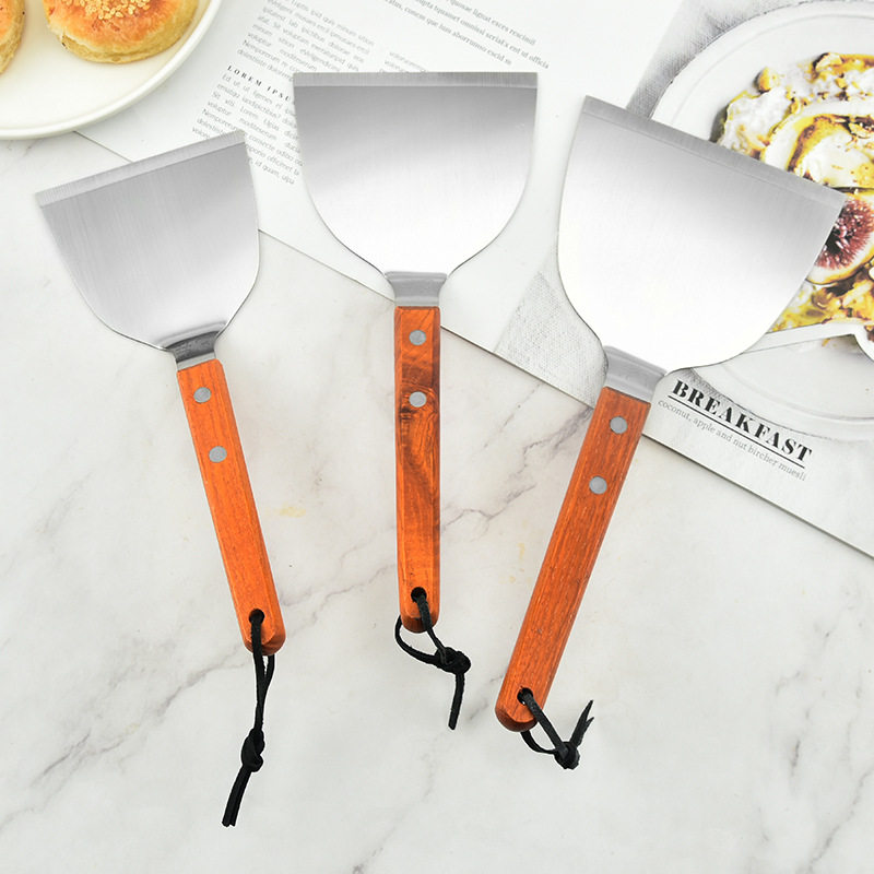Cross-border stainless steel teppanyaki grilled steak spatula wooden handle multi-purpose pizza elastic cleaning cooking shovel tool suit