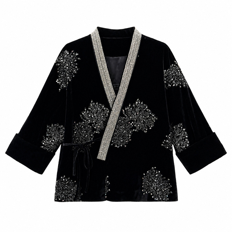 Áo khoác nữ dài tay cổ chữ V thêu đính cườm chất liệu nhung — Đen đá obsidian (giao hàng trong 7 ngày)