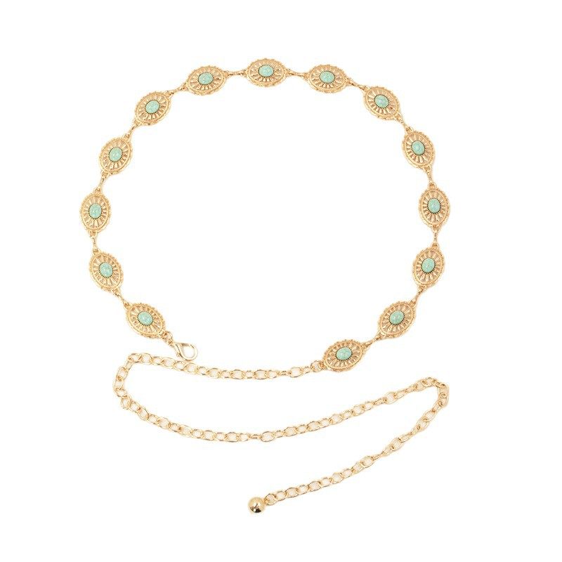 Cross-Border Waist Chain European and American Retro Turquoise Inlaid Belt Oval Carved Waist Decoration Skirt Accessories Girdle