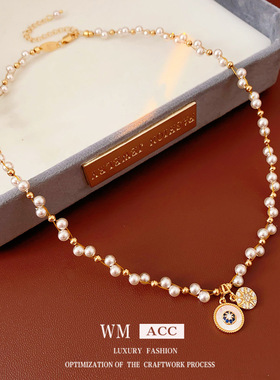 锆石珍珠八星芒吊坠项链复古轻奢高级感锁骨链时尚百搭气质饰品女