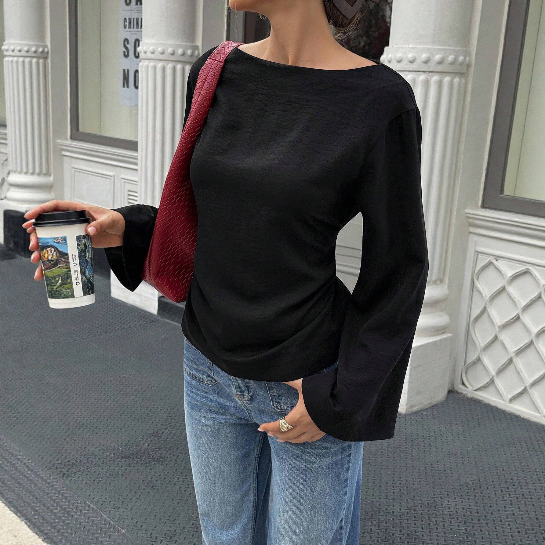 Womens Flared Sleeve T Shirt Back Tie Design Slim Fit Elegant Style Perfect for Casual Outings Wholesale Available