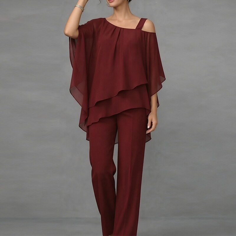 Womens Summer Outfit Set Stylish Solid Color Asymmetrical Neckline Batwing Sleeve Straight Pants Casual Wear