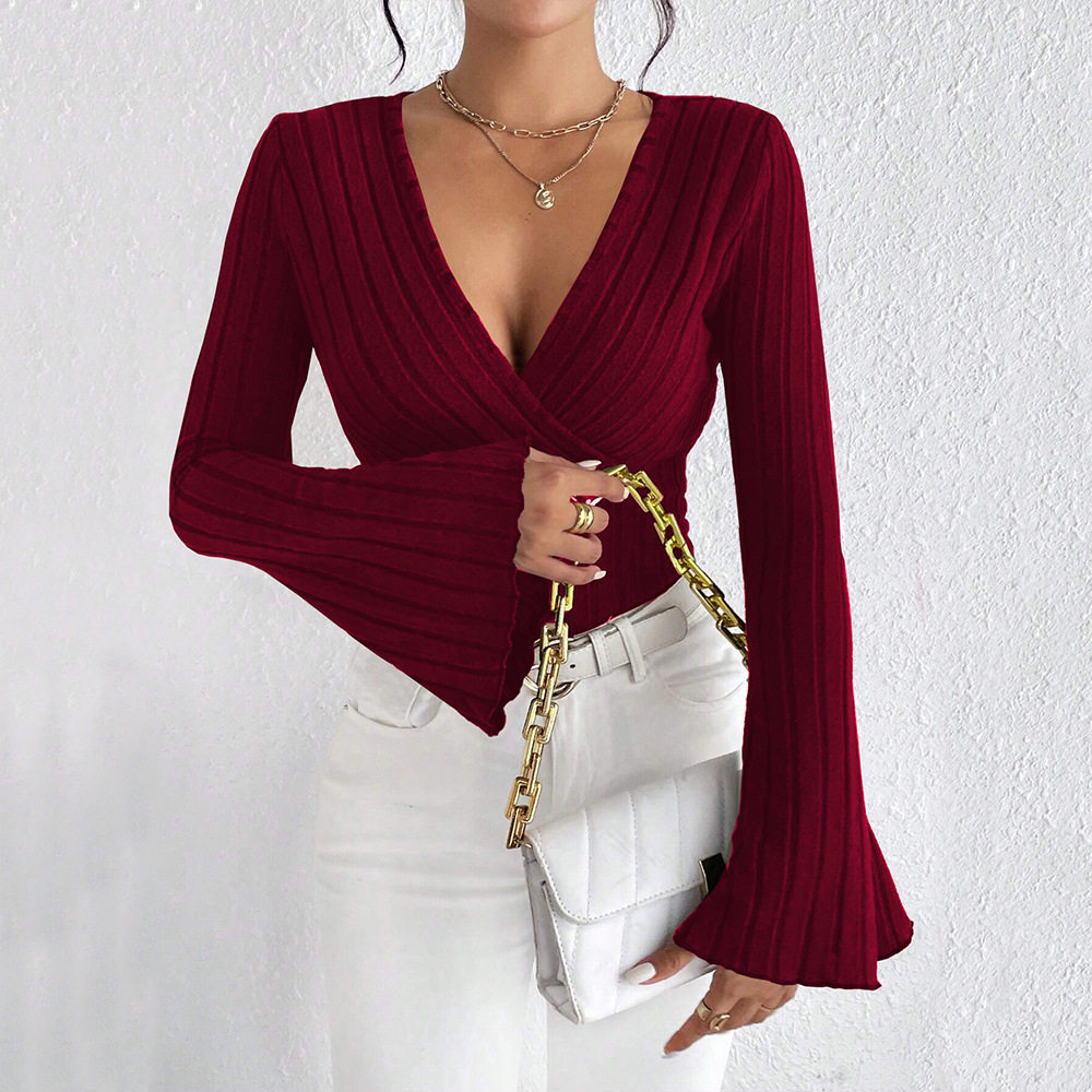 V Neck Bell Sleeve T Shirt Slim Fit Burgundy Color Spring Summer Style Wholesale Available private label