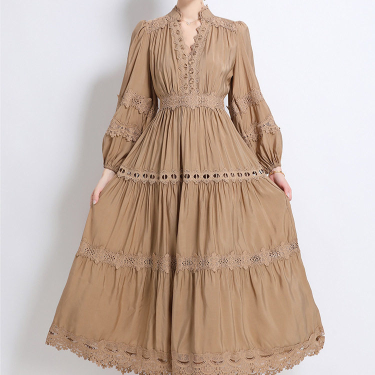 Vintage Court Style Puff Sleeve Dress Hollow Out Lace Cross Neck Design Elegant Long Dress for Autumn Wholesale
