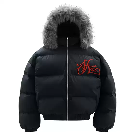 Winter National Fashion Detachable Fur Collar Hooded Cotton-padded Coat Men's and Women's Fashion Brand Loose Thickened Warm Bread Clothes Embroidered Jacket