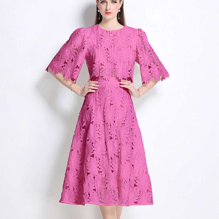 French Style Hollow Lace Set Short Flare Sleeve Shirt High Waisted Skirt Summer Fashion for Women Wholesale Available