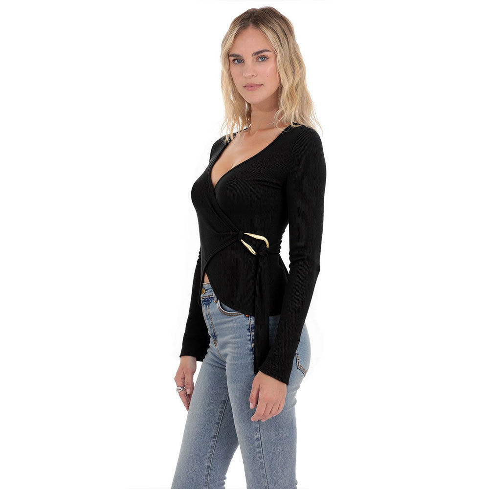 Womens Black V Neck Long Sleeve Knit Top Unique French Design Waist Tie Gold Ring Detail Casual or Chic Occasions