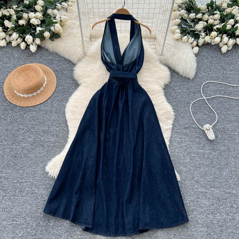 Summer Deep V Neck Backless Denim Maxi Dress for Women Sexy Split Design Chic Style Elegant Look Wholesale Available