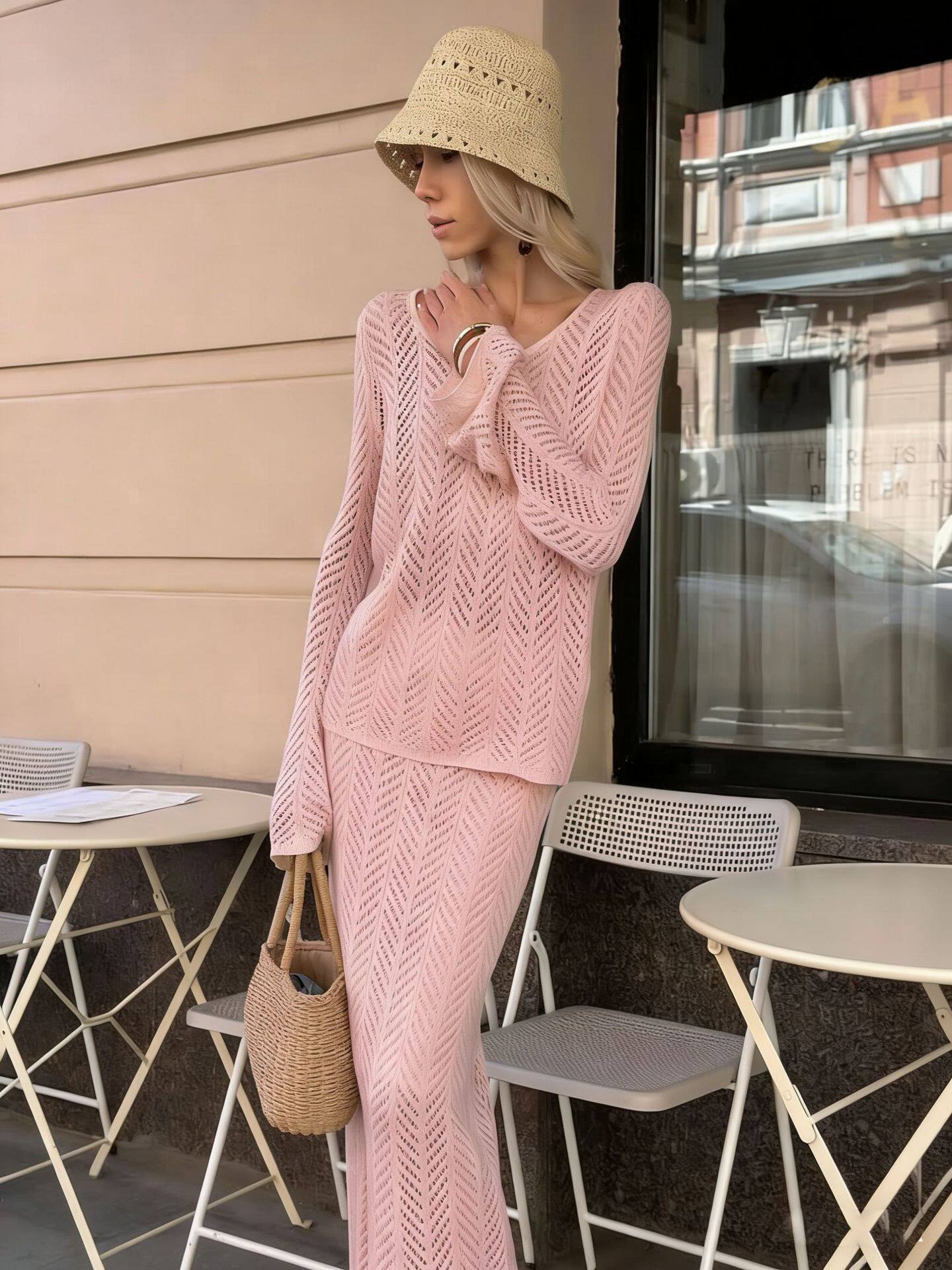 Two Piece Set Hollow Knit Skirt and Long Sleeve Top French Vacation Style Cotton Casual Ready to Ship