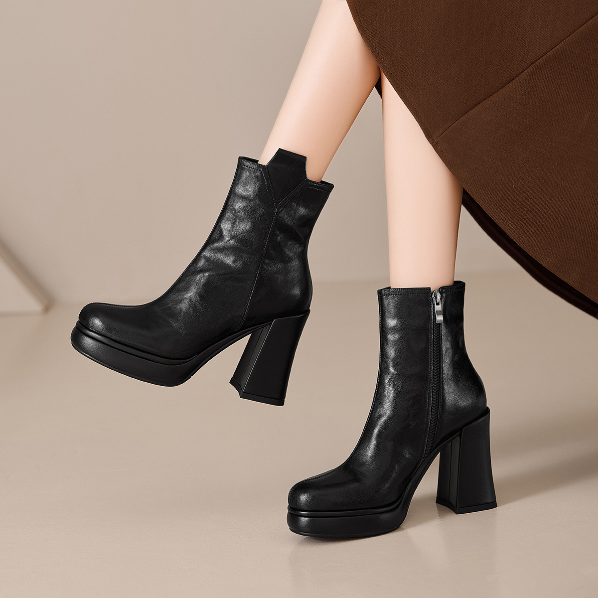 Boot nữ cổ thấp gót thô 10cm khoá kéo bên hông, da bò vân mềm phong cách Anh — Lớp lót đơn màu đen, Lớp lót đơn màu nâu, Lót nhung đen, Lót nhung màu nâu
