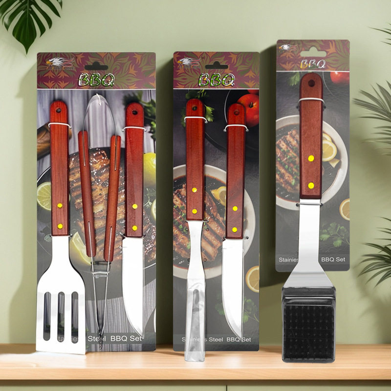 Manufacturer's Ready Stock New Outdoor Camping Barbecue Three-Piece Grill Set Wooden Handle Tied Card Stainless Steel Barbecue Utensil Set
