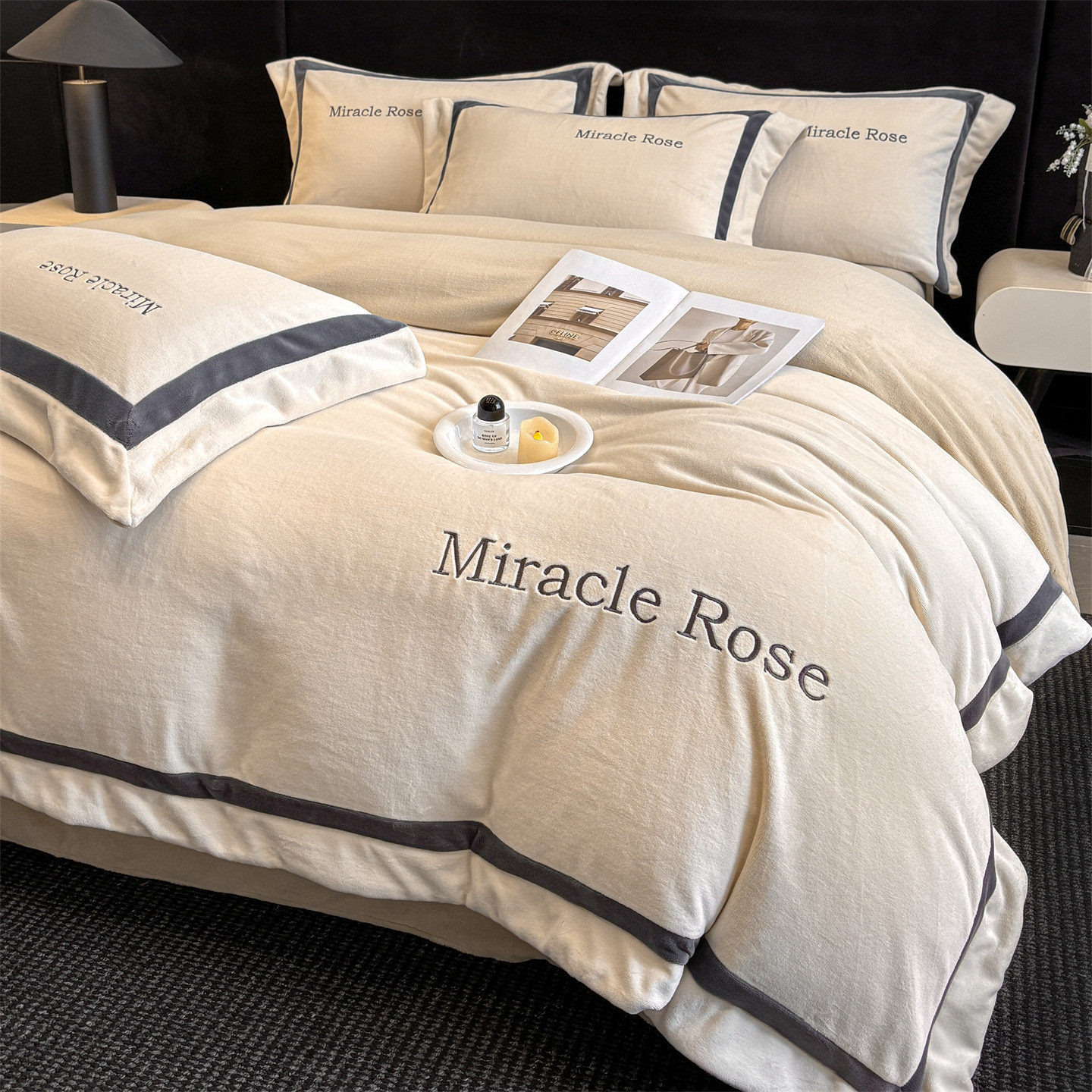 Light luxury style embroidered milk velvet bed four-piece set Winter thickened coral velvet flannel bed sheet quilt cover three-piece set