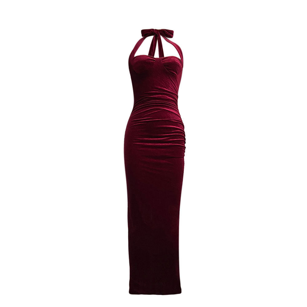 Custom Spring Autumn Dress Burgundy Color Halter Neck Bodycon Fit Elegant Style Wholesale Available