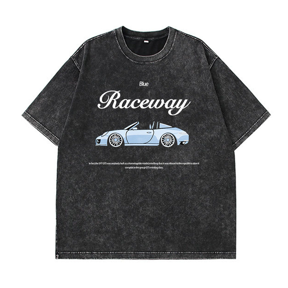 Loose Fit European Style Car Print Short Sleeve T Shirt for Women Summer Wash Effect Vintage Design Casual Top
