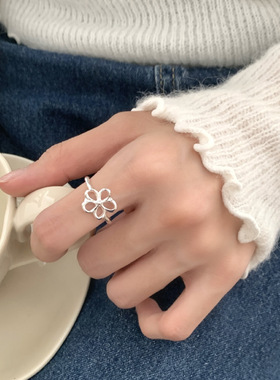 s925纯银镂空花朵戒指女时尚韩版甜美ins小众设计精致开口指环银