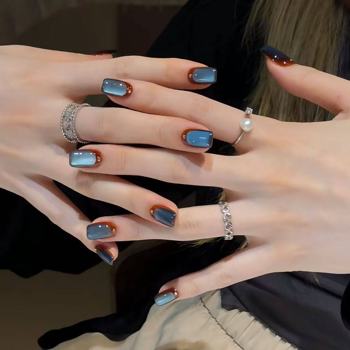 Handmade Nails Brown Blue Half French Secret Blue Sea Glass Beads Cat Eye Nails New Flash Amber Manicure