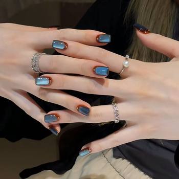 Handmade Nails Brown Blue Half French Secret Blue Sea Glass Beads Cat Eye Nails New Flash Amber Manicure