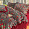 French Retro Milk Velvet Bed Cover Lace Four-Piece Winter Wedding Red Coral Velvet Quilt Cover Plus Cotton Bed Sheetss