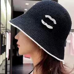 Trendy Red Book Popular Style Chanel-Inspired Bucket Hat, Korean Version, Summer Hollow-Out Woven Fisherman Hat, High-Quality Versatile Bucket Hat