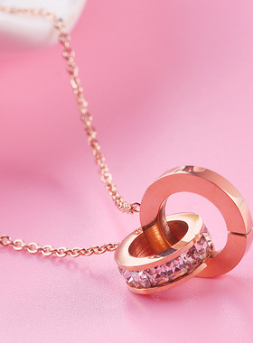 欧美双环项链女式钛钢镶钻锁骨链网红时尚玫瑰金项链小众高级感